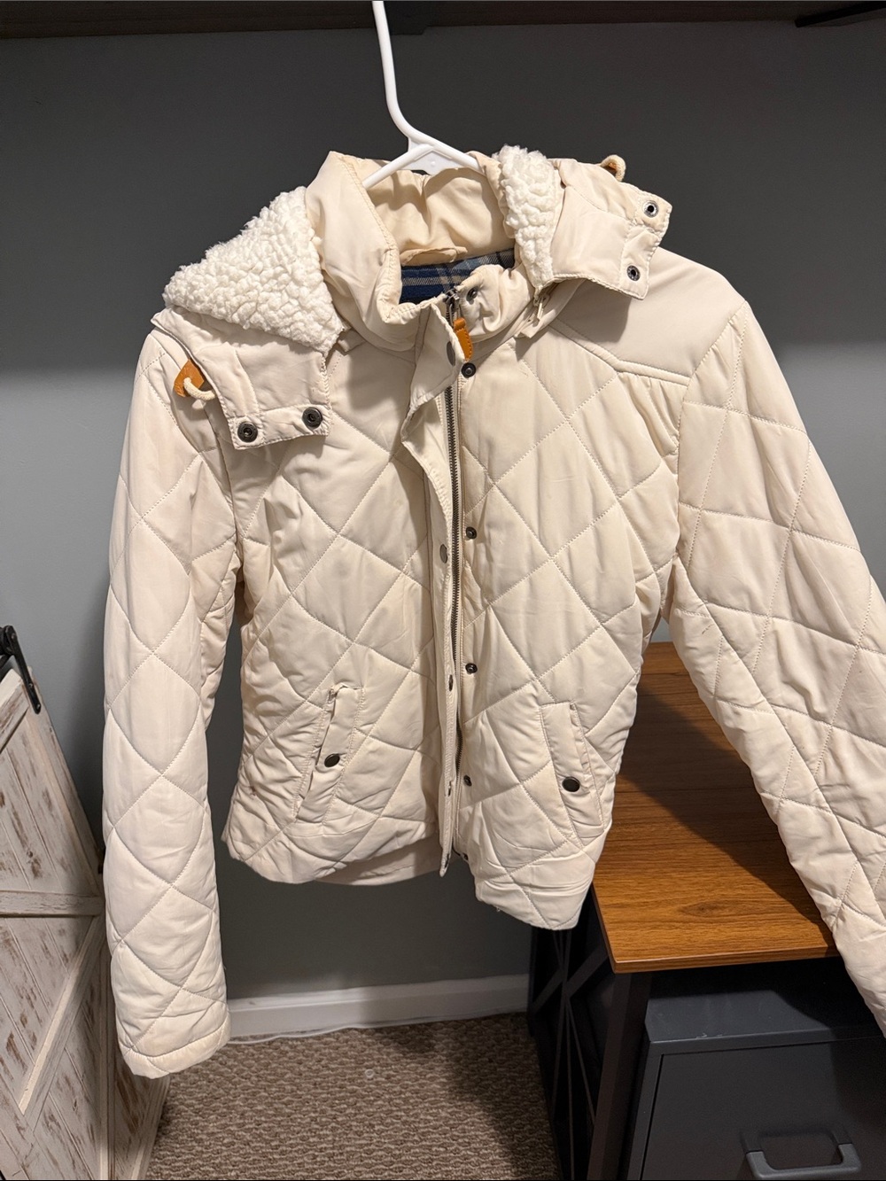 Love Tree Quilted Cream Puffer Jacket with Sherpa Hood